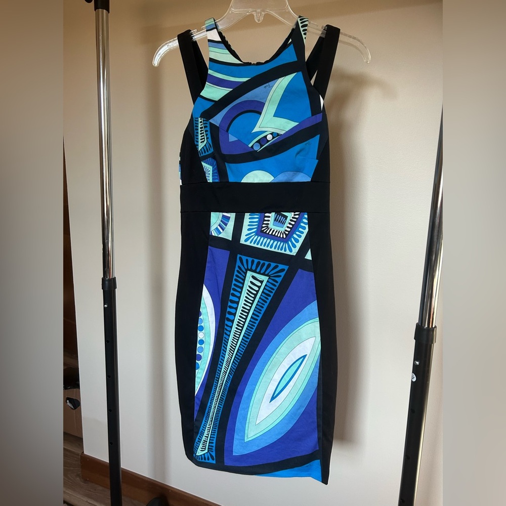 Emilio Pucci Midi Dress in Vibrant Blue/Black.  90% cotton and silk lining.